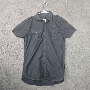 Diesel Womens Black‎ Short Sleeve Button Up Shirt Military Embroidered Large